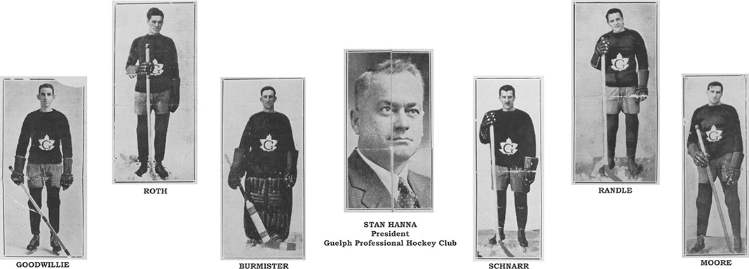 Goodwille, Roth, Burmister, Stan Hanna (President, Guelph Professional Hockey Club), Schnarr, Randle and Moore
